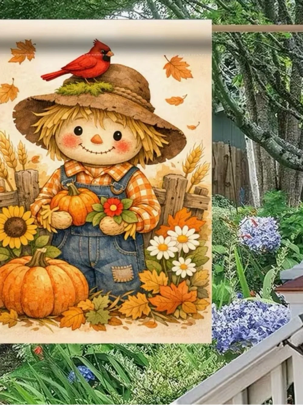 Cute Autumn Scarecrow Garden Flag with Cardinal and Pumpkins Sunflowers Leaves